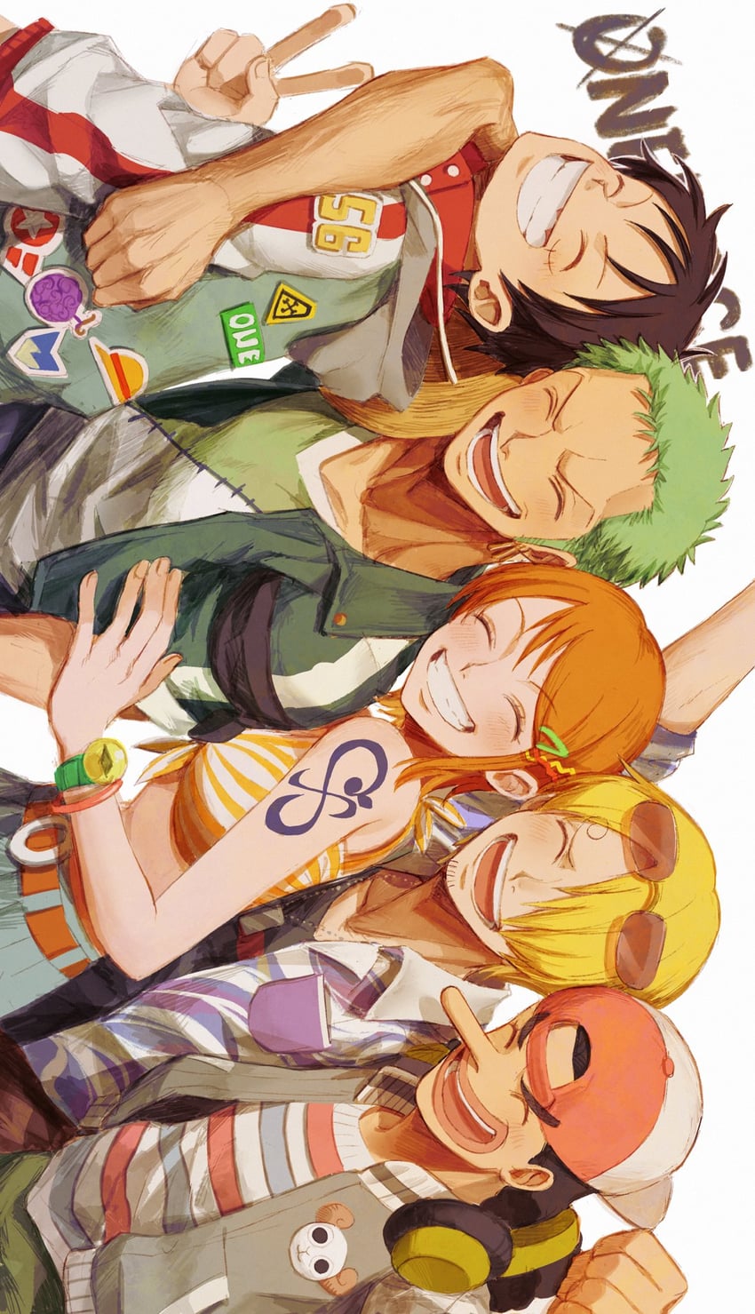 nami, monkey d. luffy, roronoa zoro, sanji, and usopp (one piece) drawn by oekakiboya