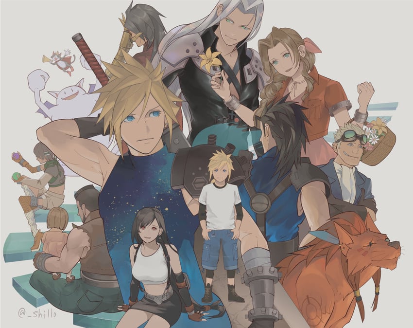 tifa lockhart, cloud strife, aerith gainsborough, sephiroth, yuffie kisaragi, and 7 more (final fantasy and 1 more) drawn by shillo