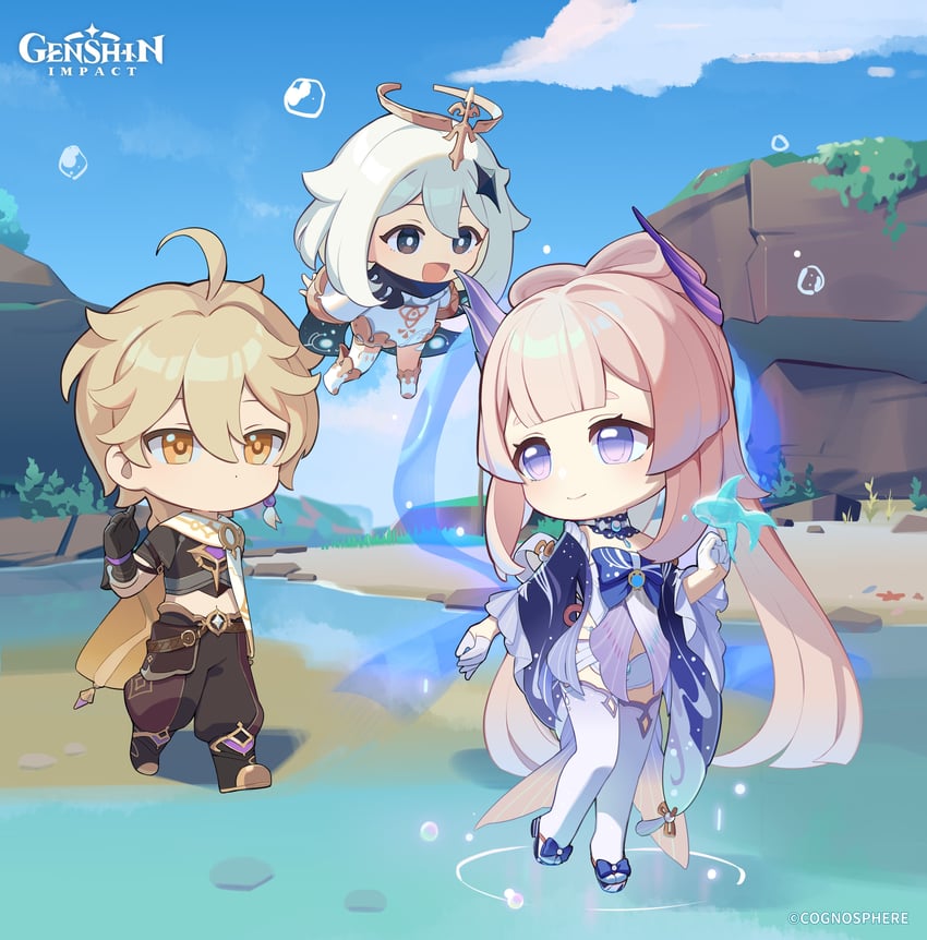 aether, paimon, and sangonomiya kokomi (genshin impact)