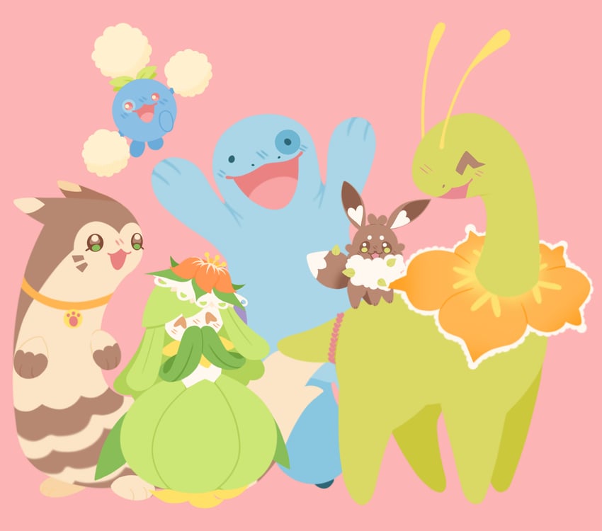 eevee, furret, quagsire, lilligant, jumpluff, and 1 more (pokemon) drawn by merelysheepy