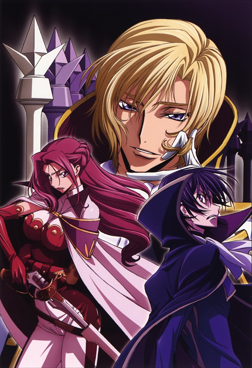 lelouch vi britannia, zero, cornelia li britannia, and schneizel el britannia (code geass) drawn by kimura_takahiro