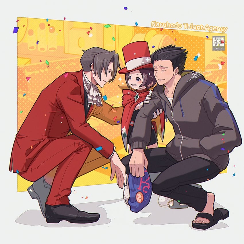 phoenix wright, miles edgeworth, and trucy wright (ace attorney) drawn by 3llo_3