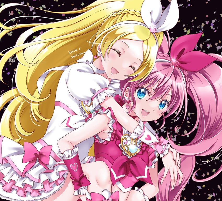 houjou hibiki, minamino kanade, cure melody, and cure rhythm (precure and 1 more) drawn by okayashi