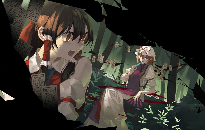 hakurei reimu and yakumo yukari (touhou) drawn by huang_gua