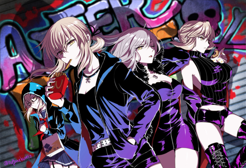artoria pendragon, jeanne d'arc alter, saber alter, and mysterious heroine x alter (fate and 2 more) drawn by omizu_(omz)