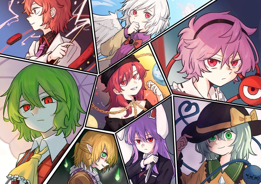 komeiji koishi, reisen udongein inaba, komeiji satori, kazami yuuka, mizuhashi parsee, and 3 more (touhou) drawn by yimudesu