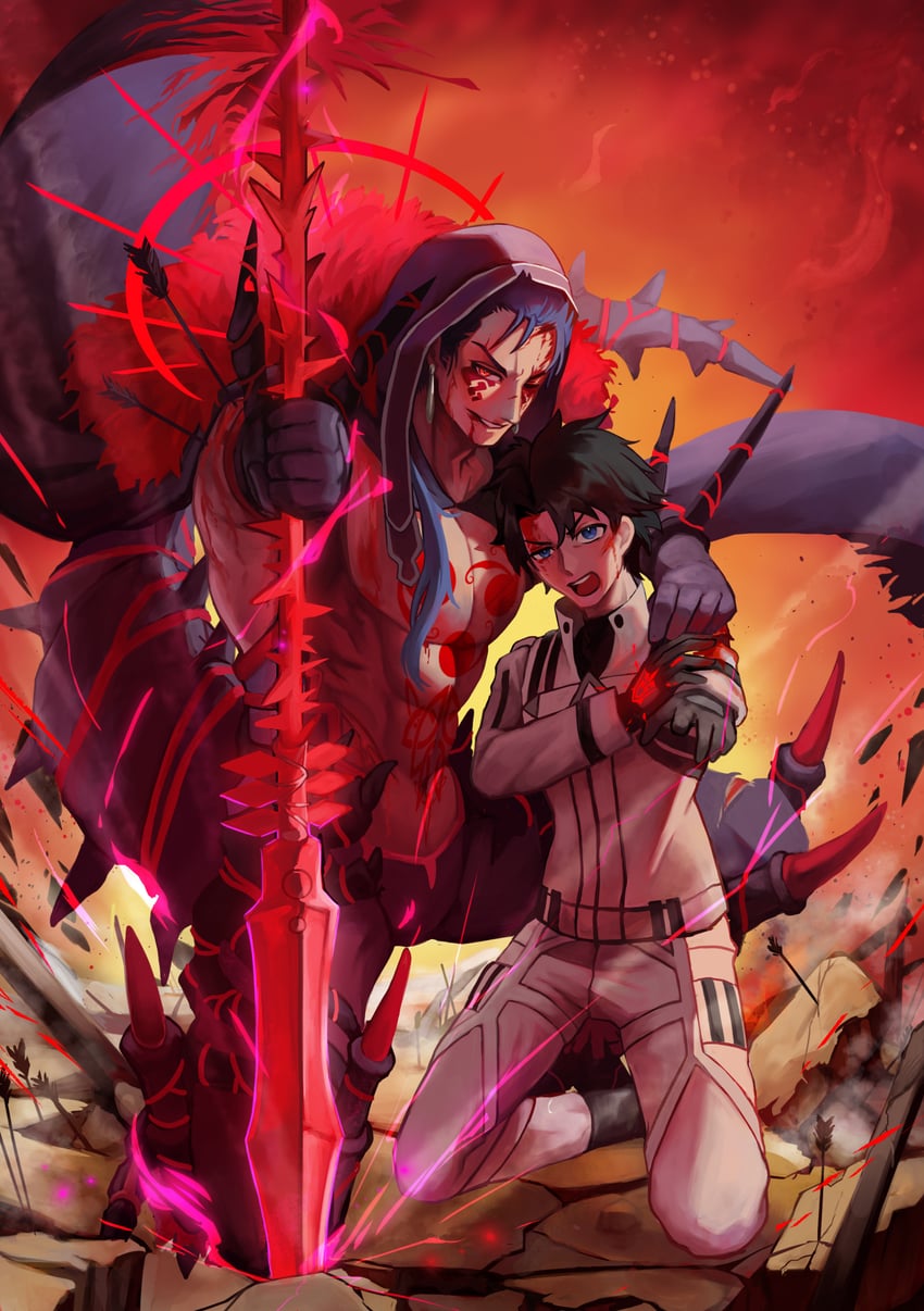 fujimaru ritsuka, cu chulainn, and cu chulainn alter (fate and 1 more) drawn by nasuka515
