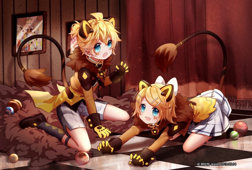 kagamine rin, kagamine len, magical mirai len, and magical mirai rin (vocaloid and 1 more) drawn by alalen