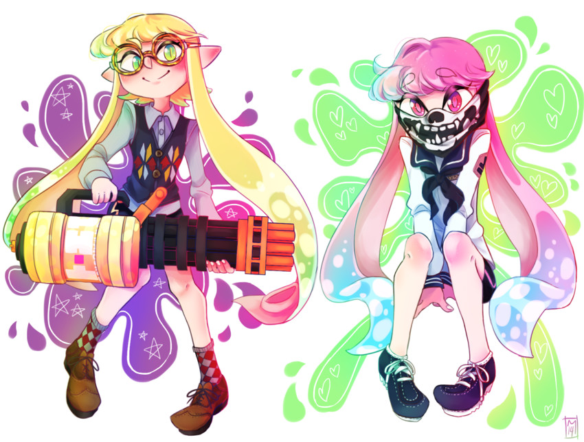 inkling player character and inkling girl (splatoon and 1 more) drawn by nathania_justine
