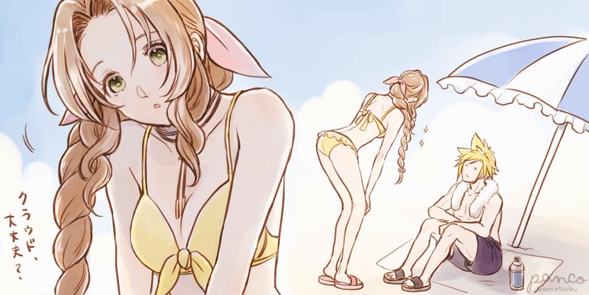 cloud strife and aerith gainsborough (final fantasy and 2 more) drawn by ancotsubu