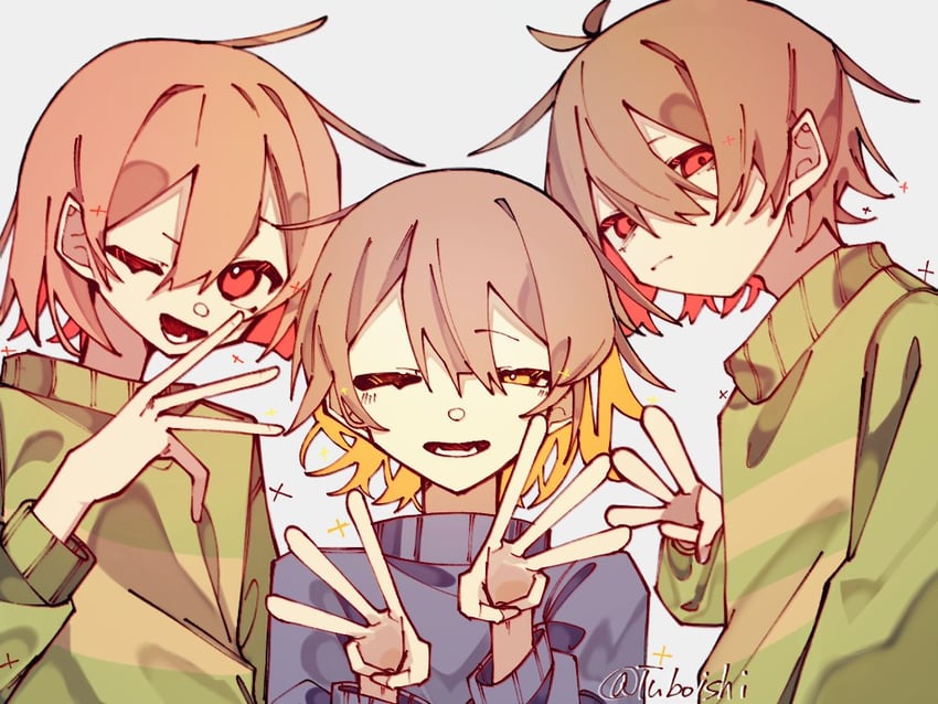 frisk, chara, and kris (undertale and 1 more) drawn by mei_(tuboishi)