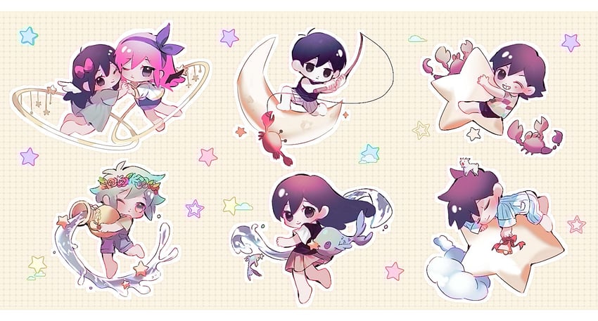 omori, aubrey, basil, mari, kel, and 1 more (omori) drawn by ss_un17