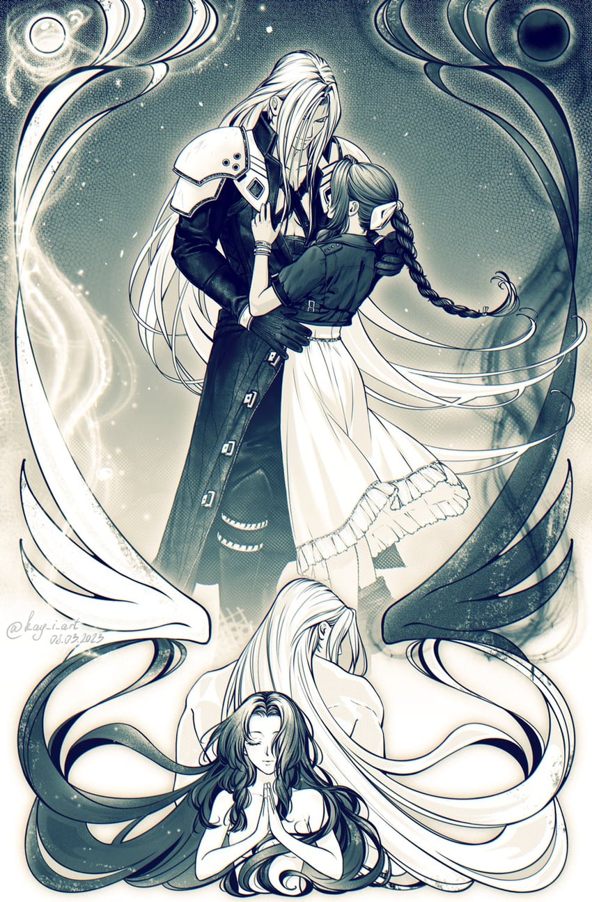 aerith gainsborough and sephiroth (final fantasy and 2 more) drawn by kay-i
