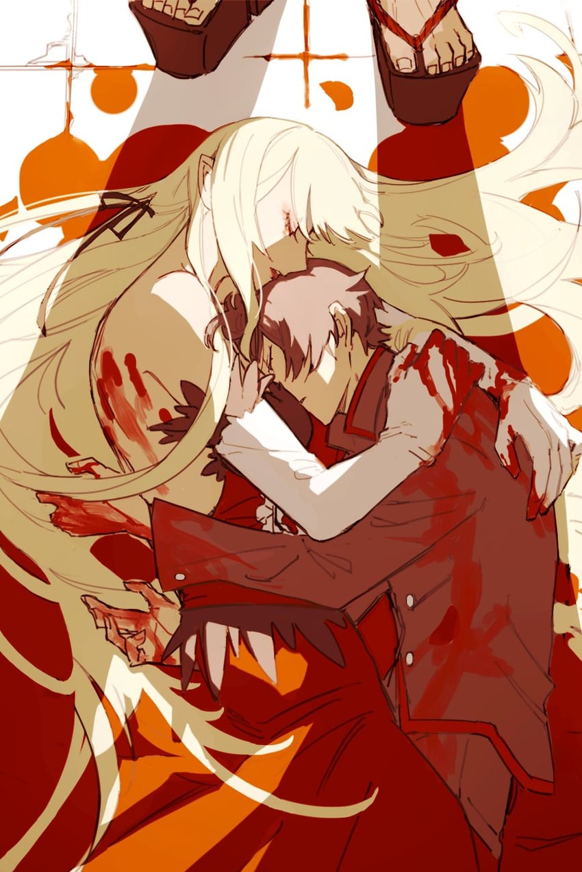 oshino shinobu, araragi koyomi, kiss-shot acerola-orion heart-under-blade, and oshino meme (monogatari and 1 more) drawn by panyasan_777