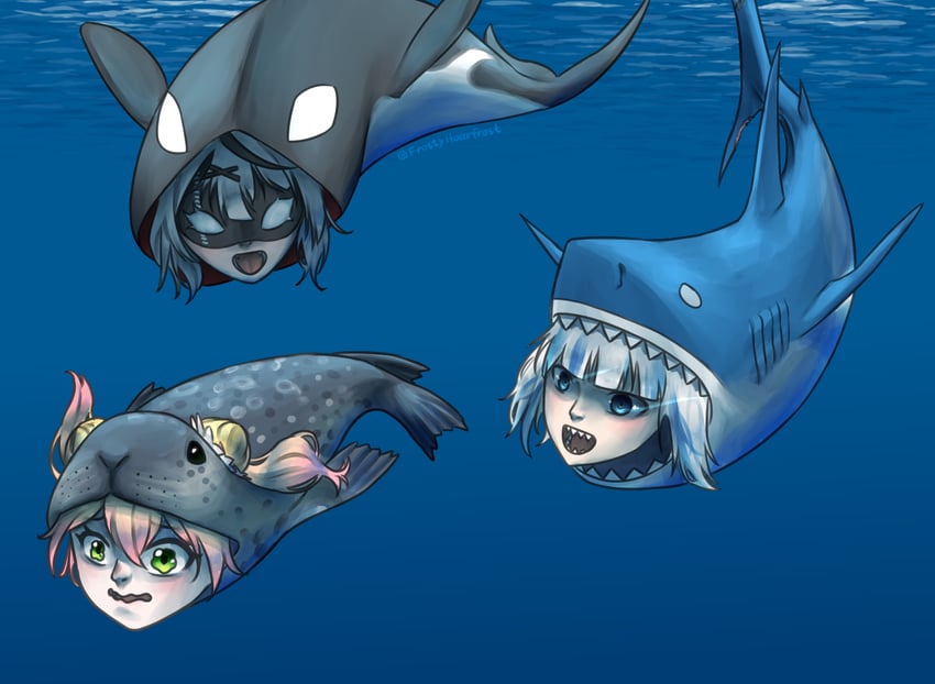 gawr gura, sakamata chloe, and momosuzu nene (hololive and 1 more) drawn by frostiii