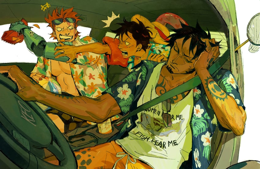 monkey d. luffy, trafalgar law, and eustass kid (one piece) drawn by keo_chooo