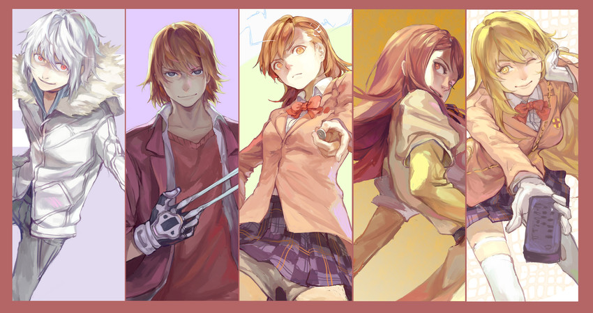 misaka mikoto, shokuhou misaki, accelerator, mugino shizuri, and kakine teitoku (toaru majutsu no index) drawn by yuukaku