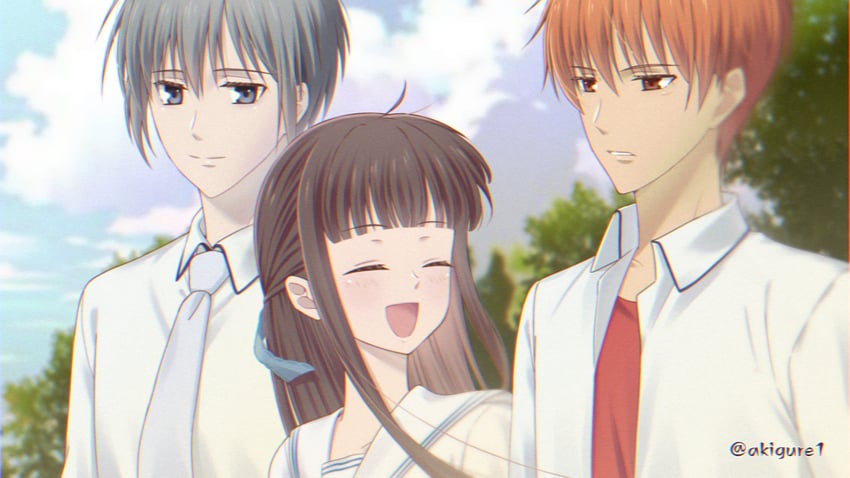 honda tohru, sohma kyou, and sohma yuki (fruits basket) drawn by akigure1