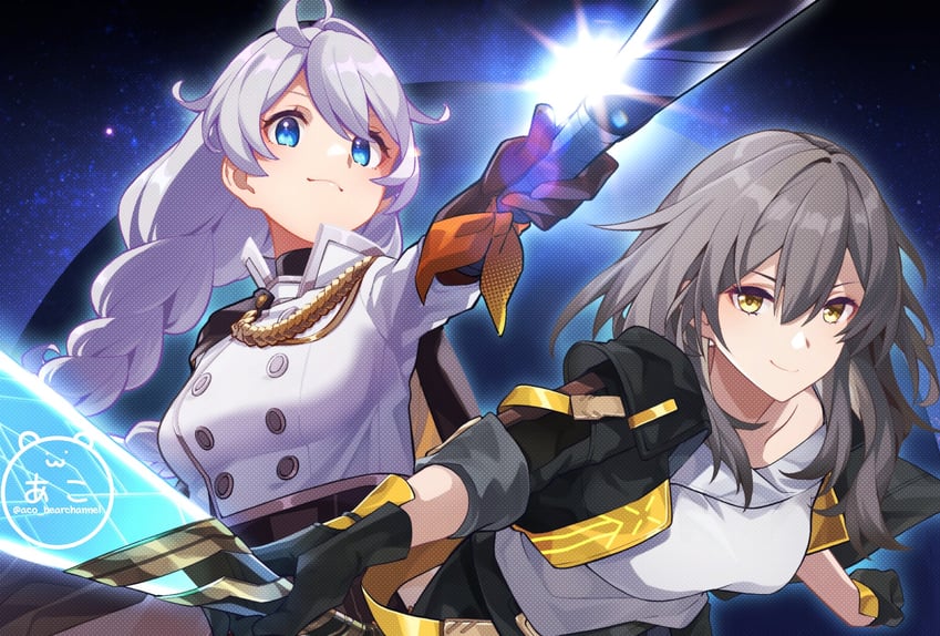 trailblazer, stelle, and kiana kaslana (honkai and 2 more) drawn by aco_(bearchannel)