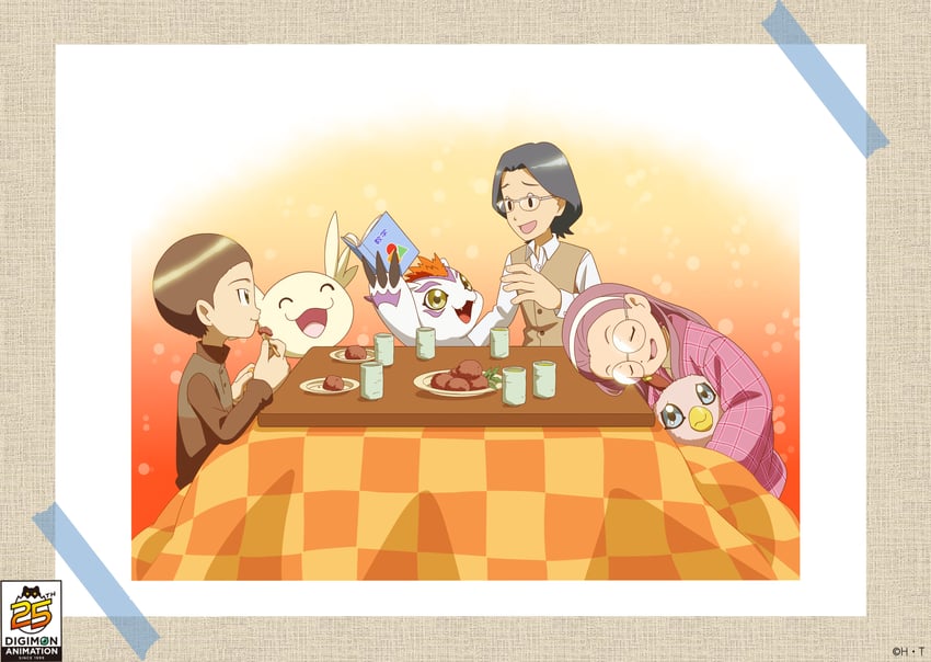 kido jo, gomamon, inoue miyako, hida iori, poromon, and 1 more (digimon and 1 more)