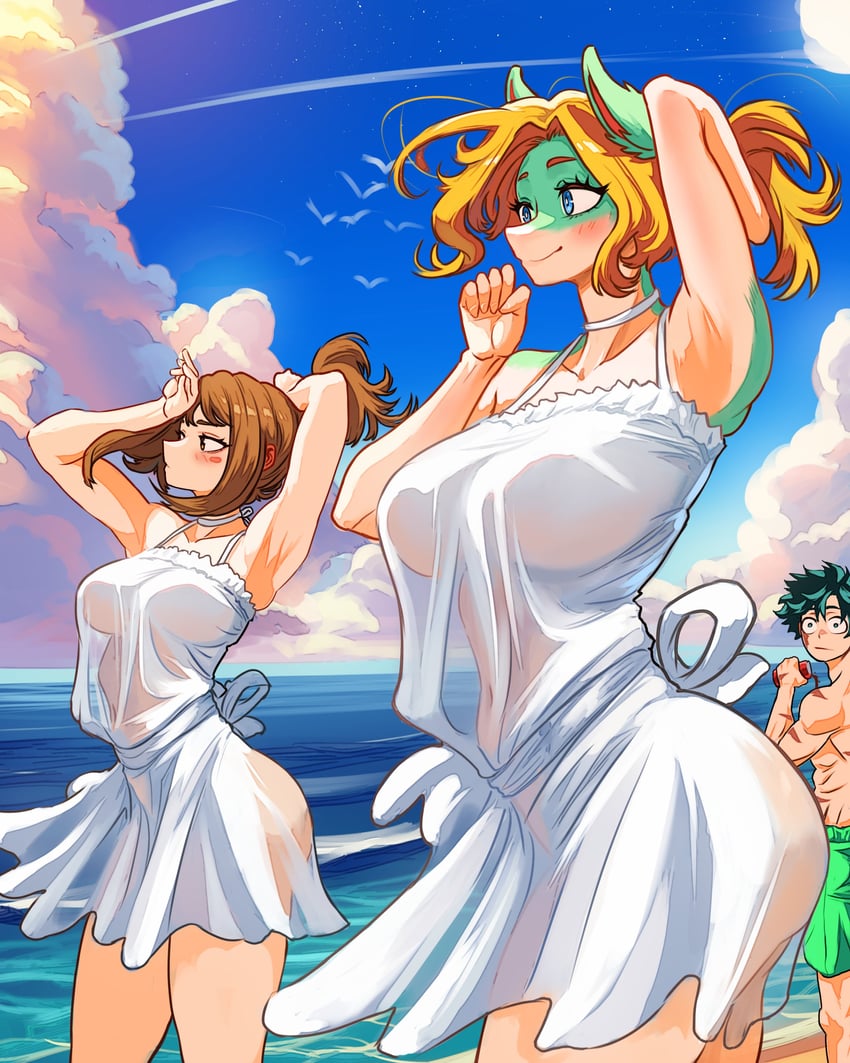 midoriya izuku, uraraka ochaco, and ippan josei (boku no hero academia) drawn by vlizz