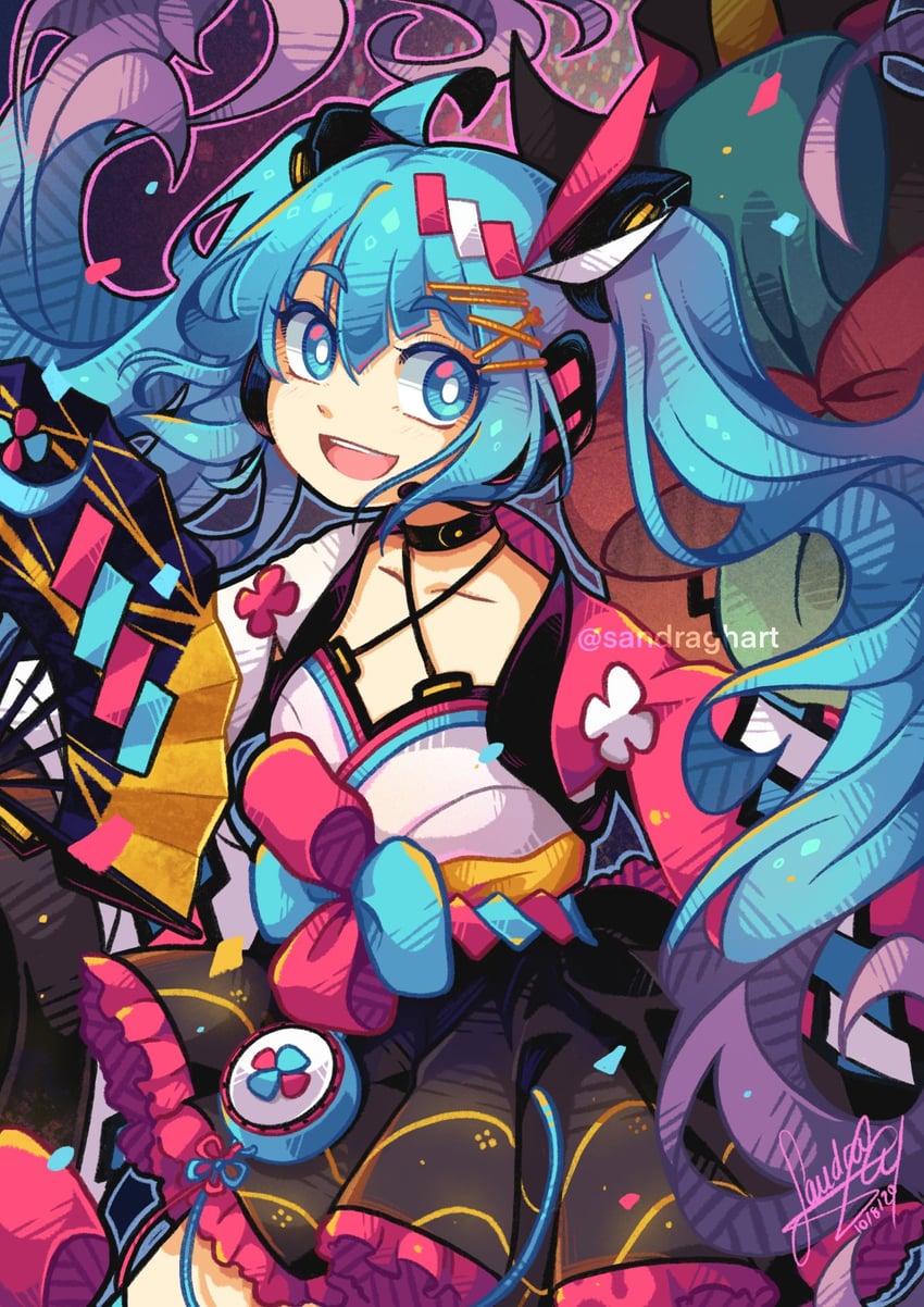 hatsune miku and magical mirai miku (vocaloid and 1 more) drawn by sandragh