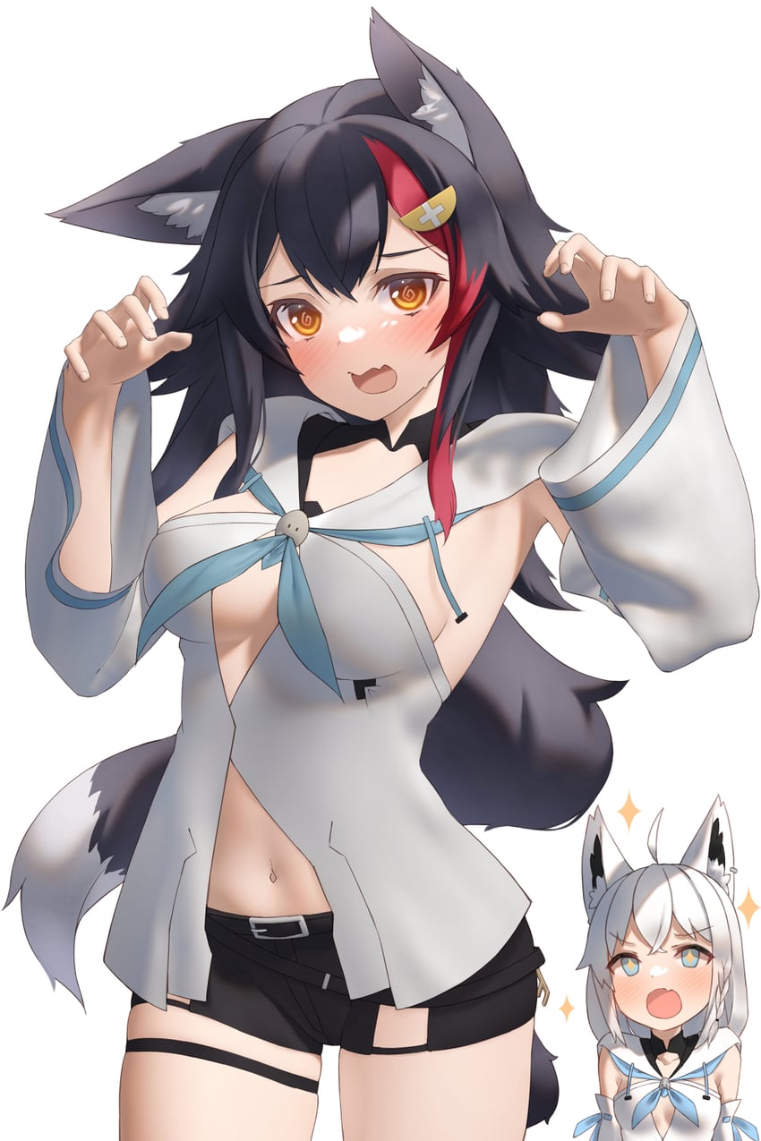 shirakami fubuki and ookami mio (hololive) drawn by shirai_yu