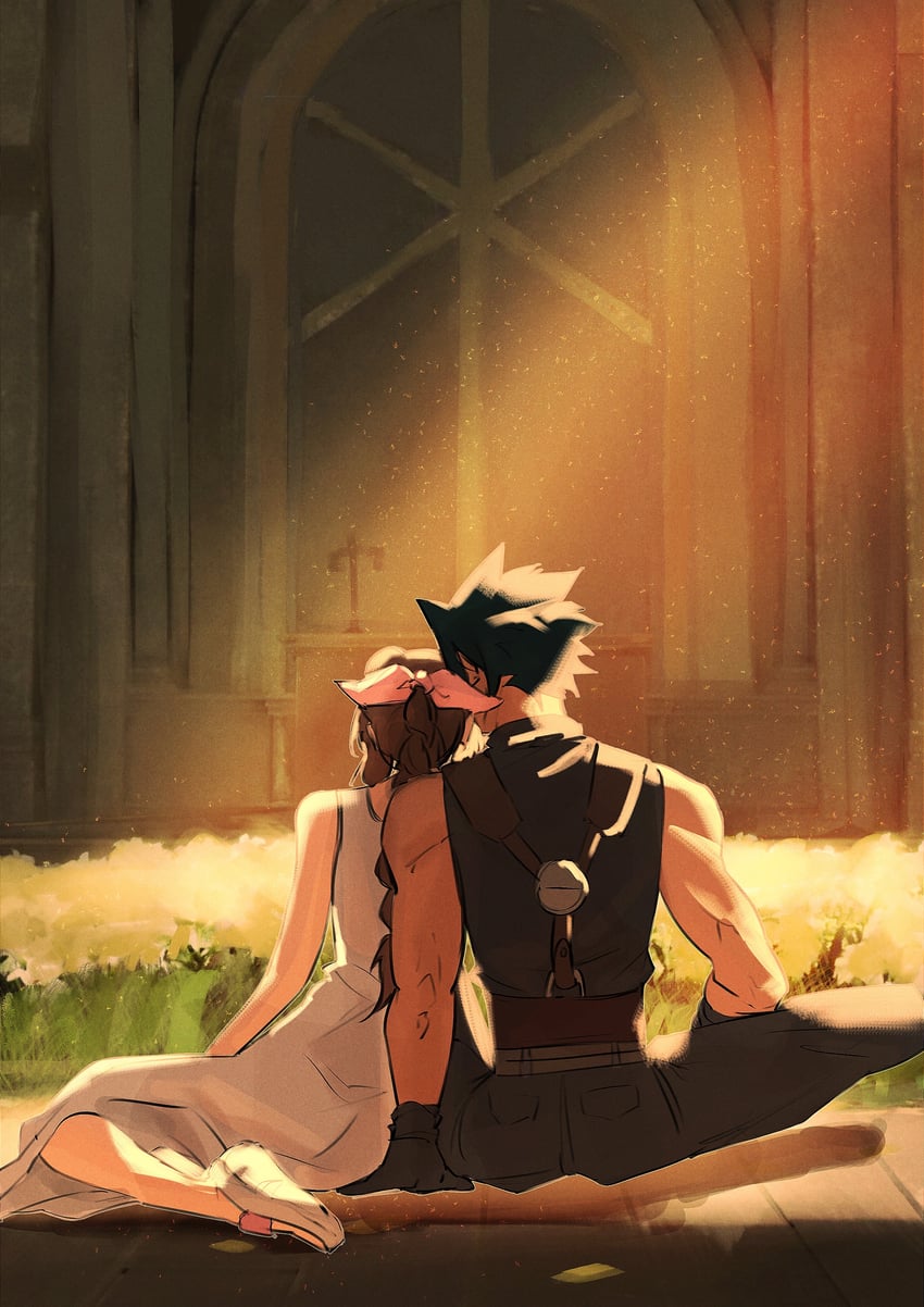 aerith gainsborough and zack fair (final fantasy and 2 more) drawn by origussy