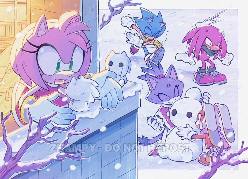 sonic the hedgehog, amy rose, blaze the cat, knuckles the echidna, and cream the rabbit (sonic) drawn by zhampy