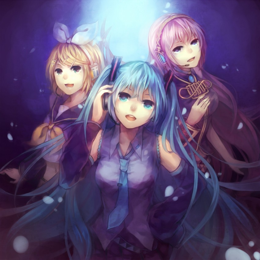 hatsune miku, kagamine rin, and megurine luka (vocaloid) drawn by geoly