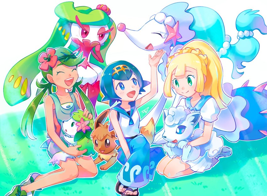 lillie, eevee, lana, mallow, alolan vulpix, and 3 more (pokemon and 1 more) drawn by mobbbt