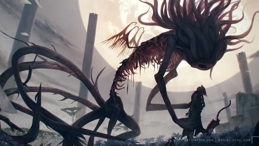 hunter and moon presence (bloodborne) drawn by l_aciel