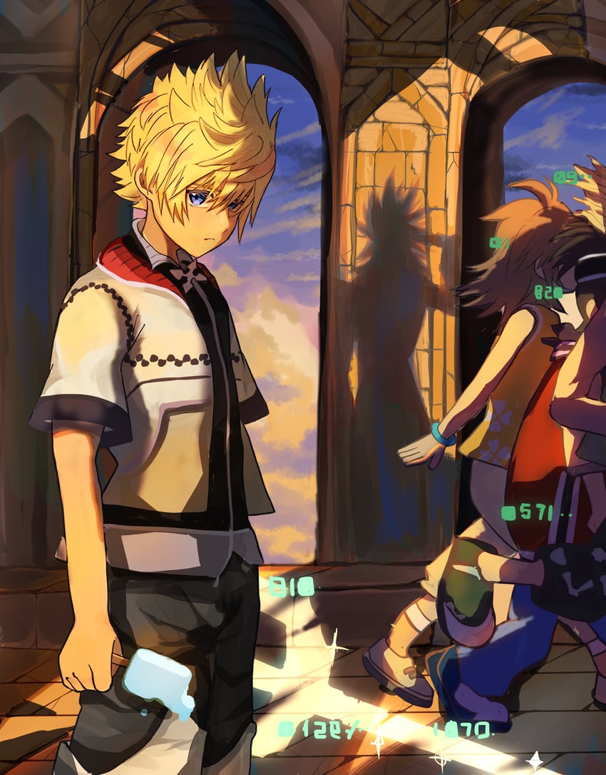 roxas, axel, olette, hayner, and pence (kingdom hearts and 1 more) drawn by kawame626