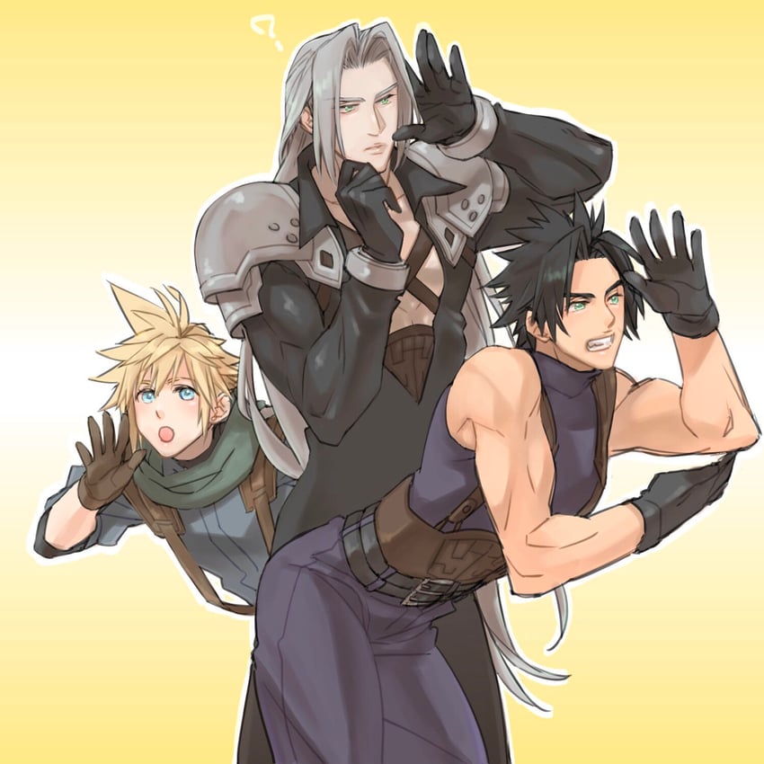 cloud strife, sephiroth, and zack fair (final fantasy and 2 more) drawn by ryouto