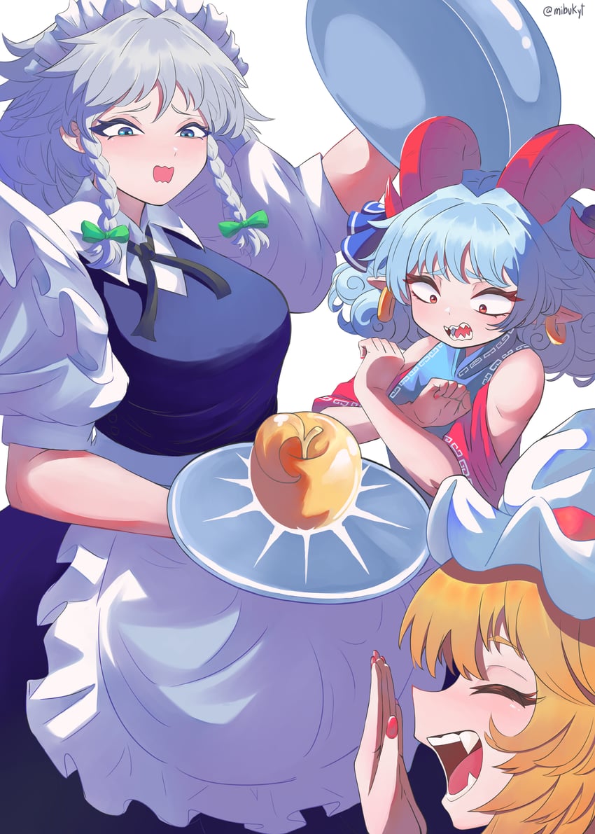 flandre scarlet, izayoi sakuya, and toutetsu yuuma (touhou) drawn by mibukyt