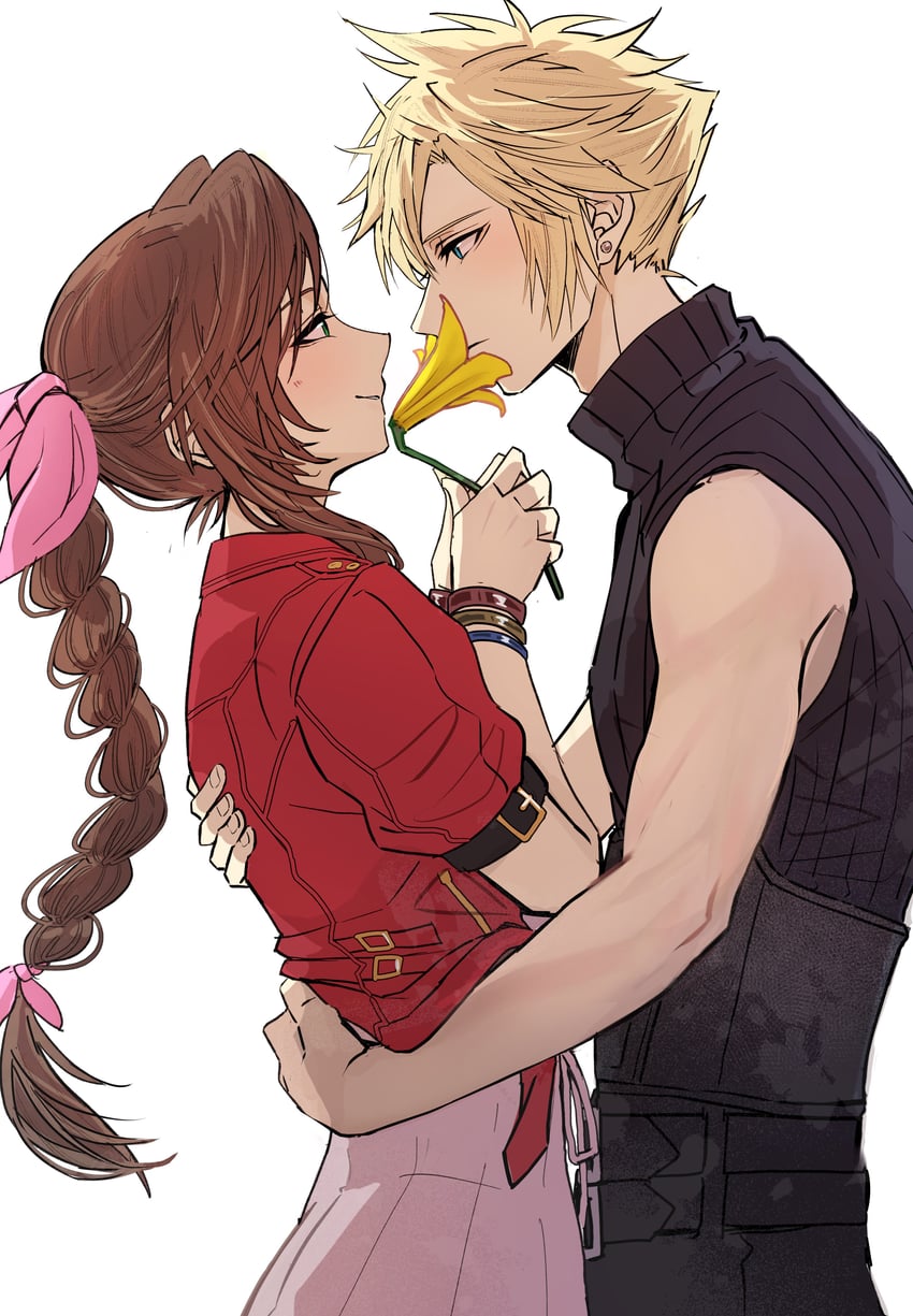 cloud strife and aerith gainsborough (final fantasy and 2 more) drawn by 26caaan
