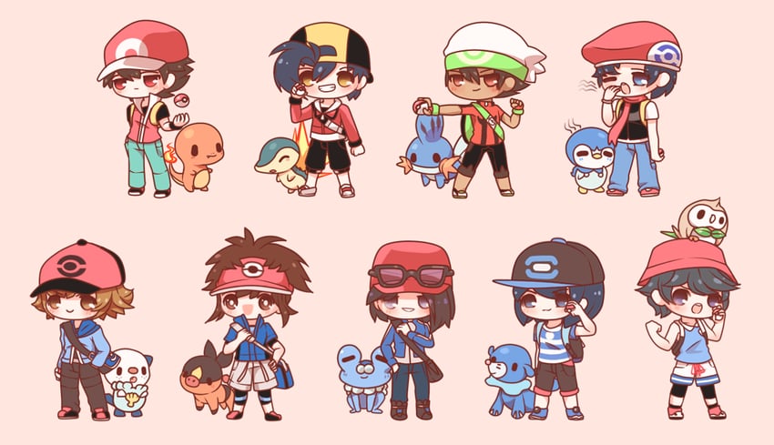 red, ethan, rowlet, piplup, hilbert, and 12 more (pokemon and 9 more) drawn by koki_arts