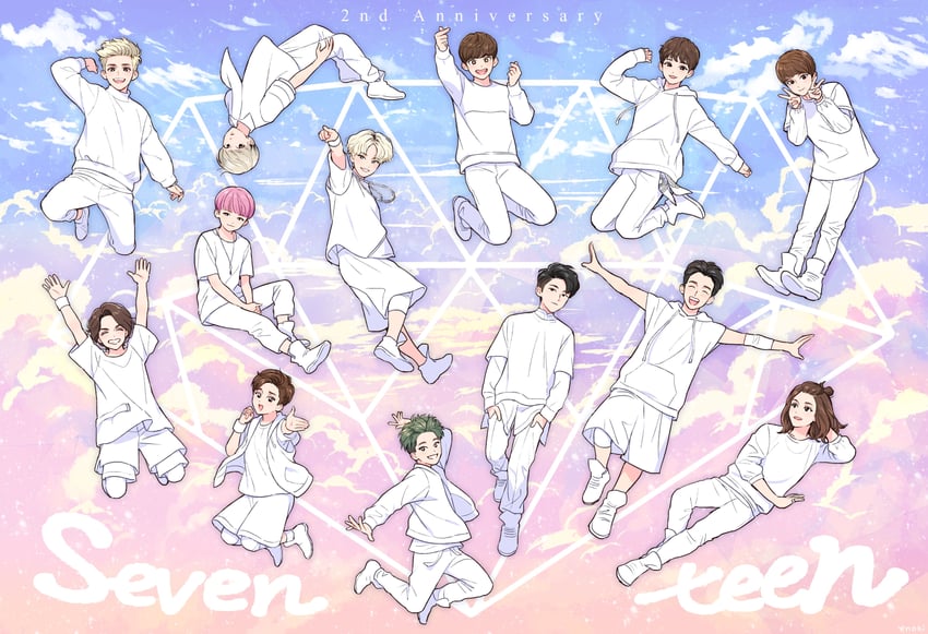 jeonghan, vernon, hoshi, wonwoo, mingyu, and 8 more (real life and 1 more) drawn by eno_bw