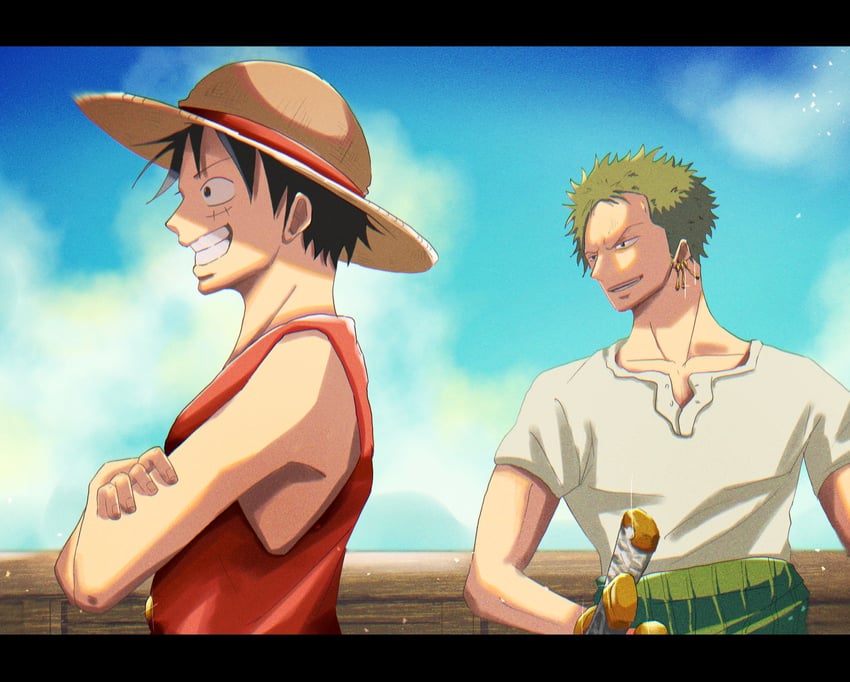 monkey d. luffy and roronoa zoro (one piece) drawn by suzu_(suzuran_piece)