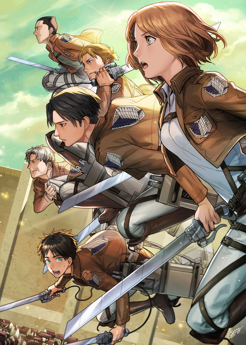 eren yeager, levi, petra ral, auruo bossard, erd gin, and 1 more (shingeki no kyojin) drawn by sine