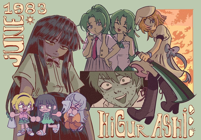 furude rika, ryuuguu rena, houjou satoko, sonozaki mion, hanyuu, and 2 more (higurashi no naku koro ni) drawn by wildcatfourteen