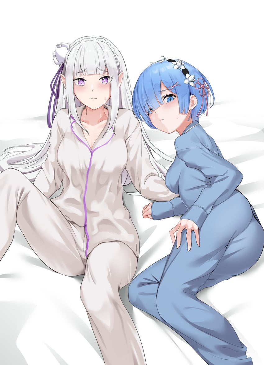 rem and emilia (re:zero kara hajimeru isekai seikatsu) drawn by tetsuffy_(tetsulul)