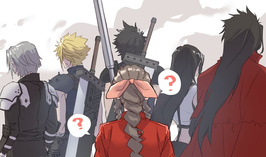 tifa lockhart, cloud strife, aerith gainsborough, sephiroth, zack fair, and 1 more (final fantasy and 2 more) drawn by demi_co