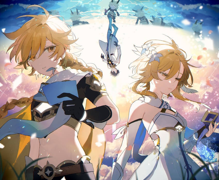 lumine, aether, hilichurl, and caribert (genshin impact) drawn by syerii