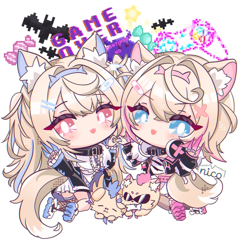 fuwawa abyssgard, mococo abyssgard, and ruffian (hololive and 1 more) drawn by nicotsuki25