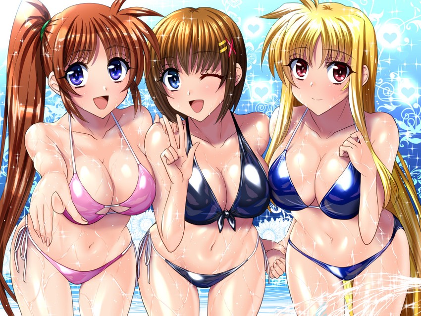 fate testarossa, takamachi nanoha, and yagami hayate (lyrical nanoha and 1 more) drawn by sen_(sansui)