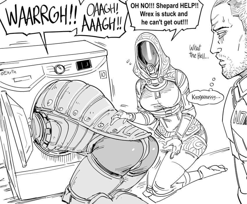 commander shepard, tali'zorah, and urdnot wrex (mass effect) drawn by bb_(baalbuddy)