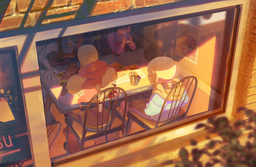 frisk, sans, undyne, and papyrus (undertale) drawn by meipu_hm