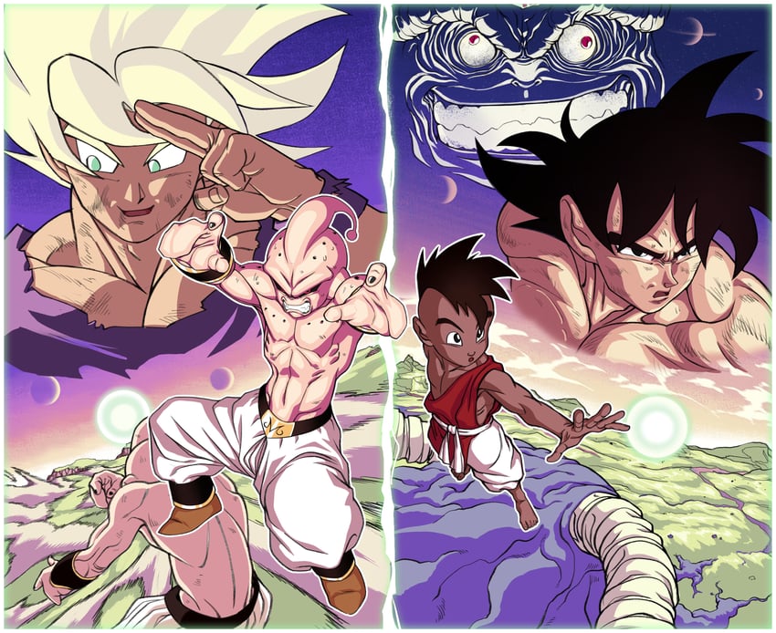 son goku, majin buu, kid buu, uub, and moro (dragon ball and 2 more) drawn by koralldiz