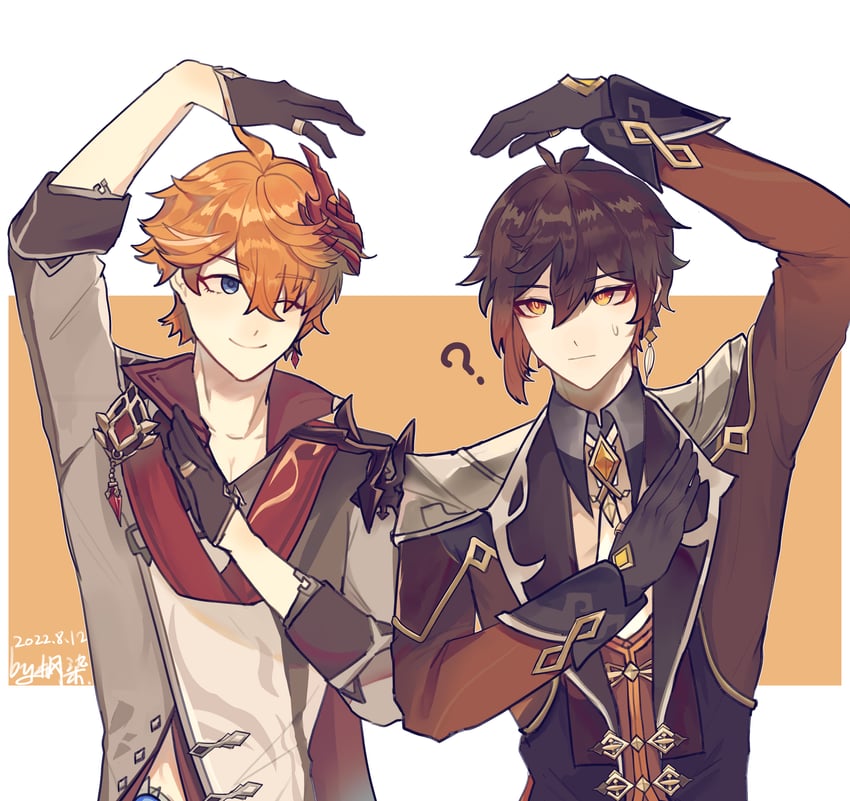 zhongli and tartaglia (genshin impact) drawn by fengran11